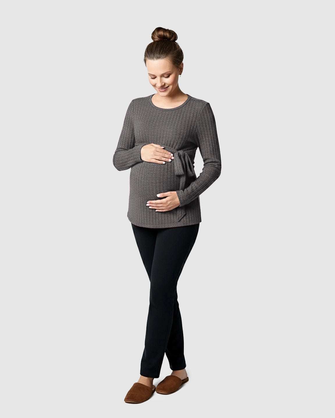 Ribbed Knit Tie-Waist Long Sleeve Maternity Top