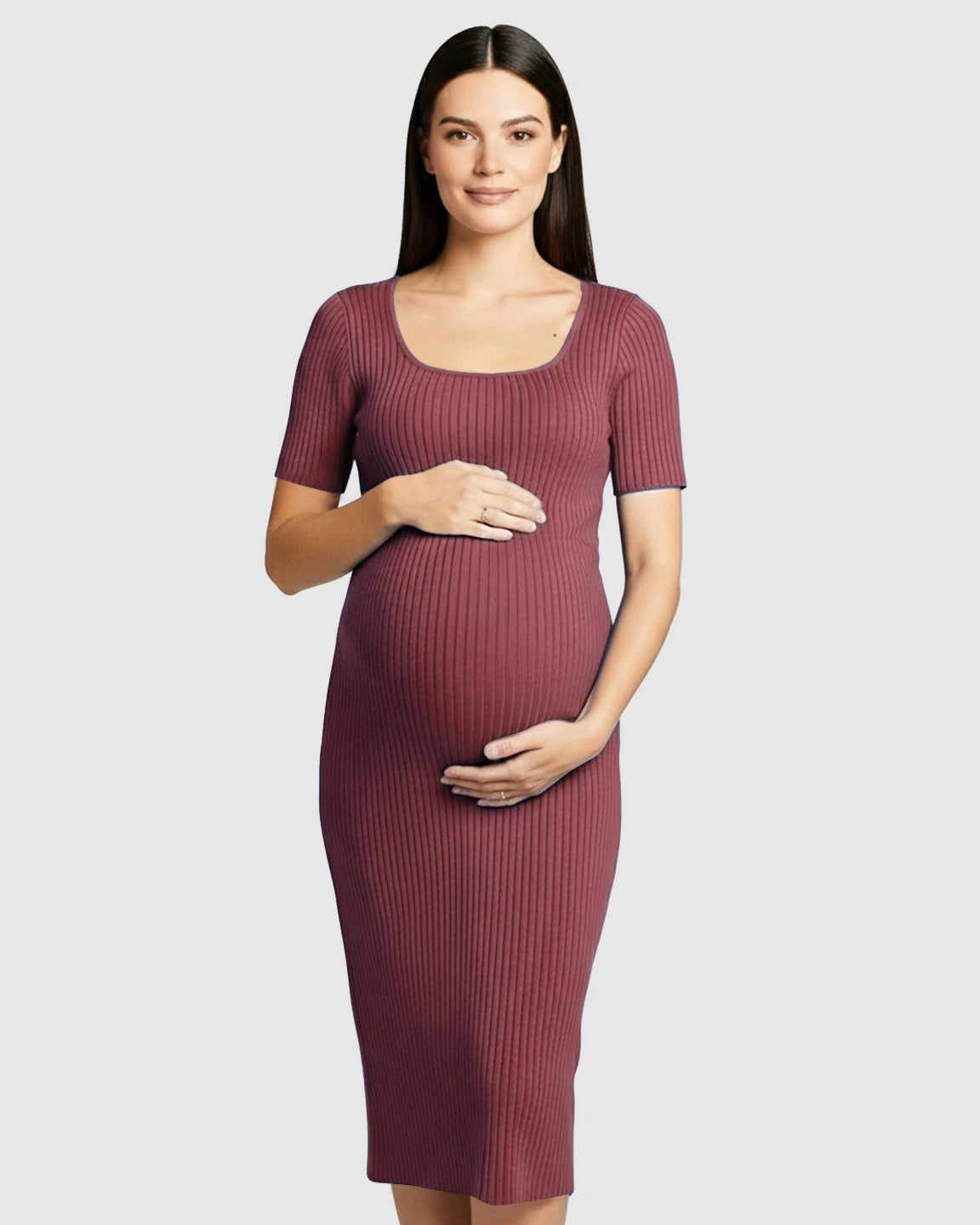 Ribbed Knit Square Neck Bodycon Maternity Midi Dress