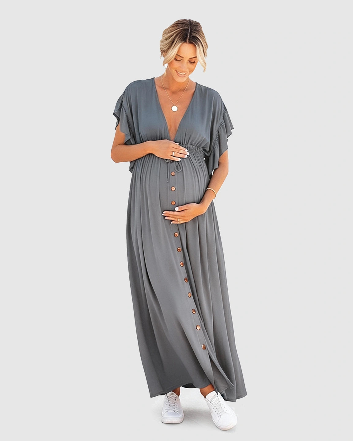 Button-Front Deep V Neck Maxi Beach Cover-Up Dress