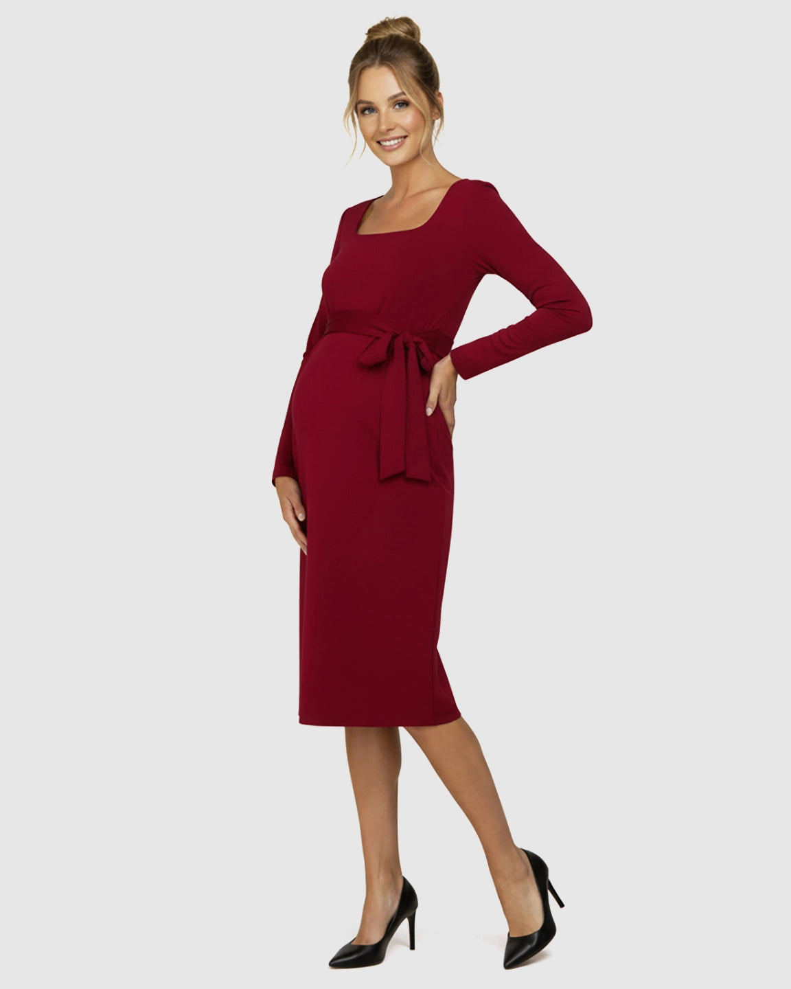 Square Neck Tie-Waist Bodycon Maternity Midi Dress