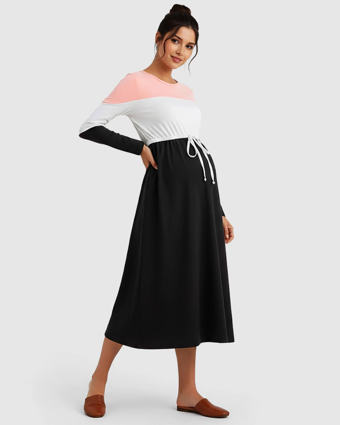 Color-Block Off-Shoulder Drawstring Waist Maternity Dress