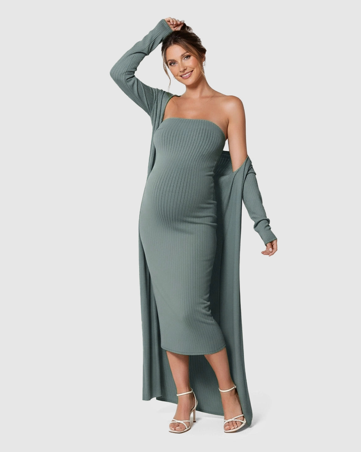 Elegant Ribbed Two-Piece Maternity Dress with Cardigan