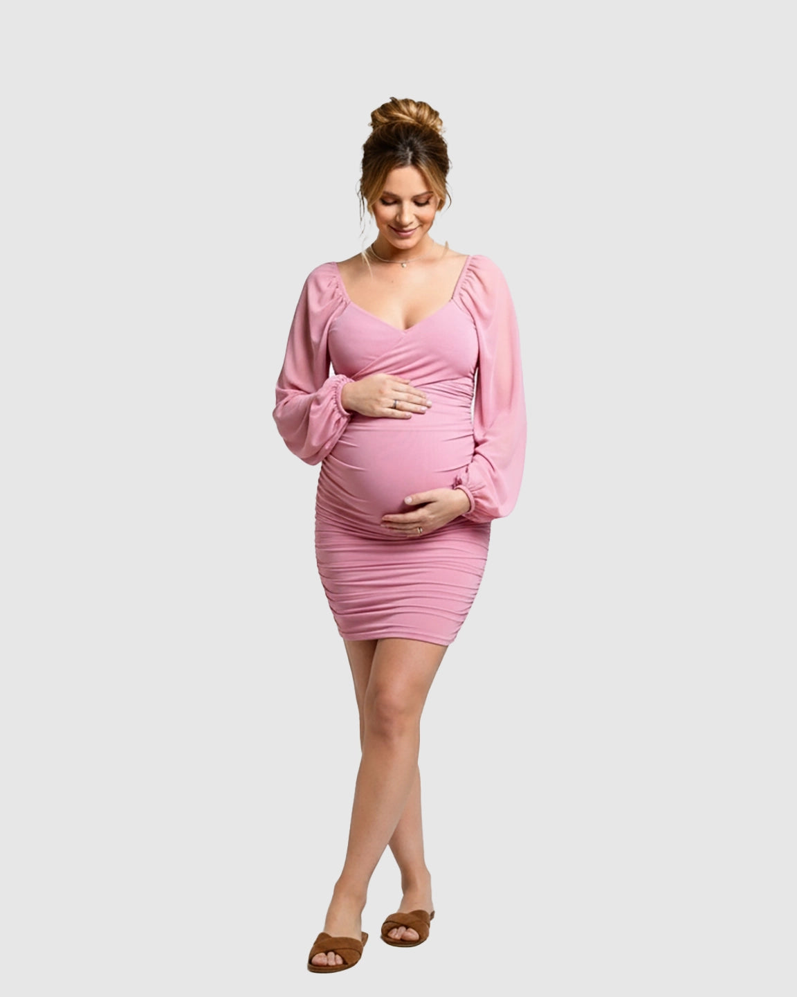 Stretch Mesh Long Sleeve Bodycon Maternity Short Dress