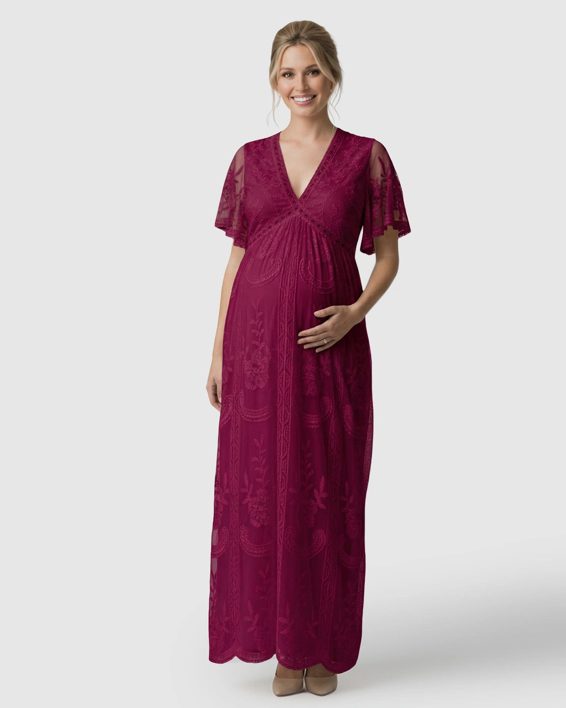 Sheer-Lace Romantic Maternity Maxi Dress