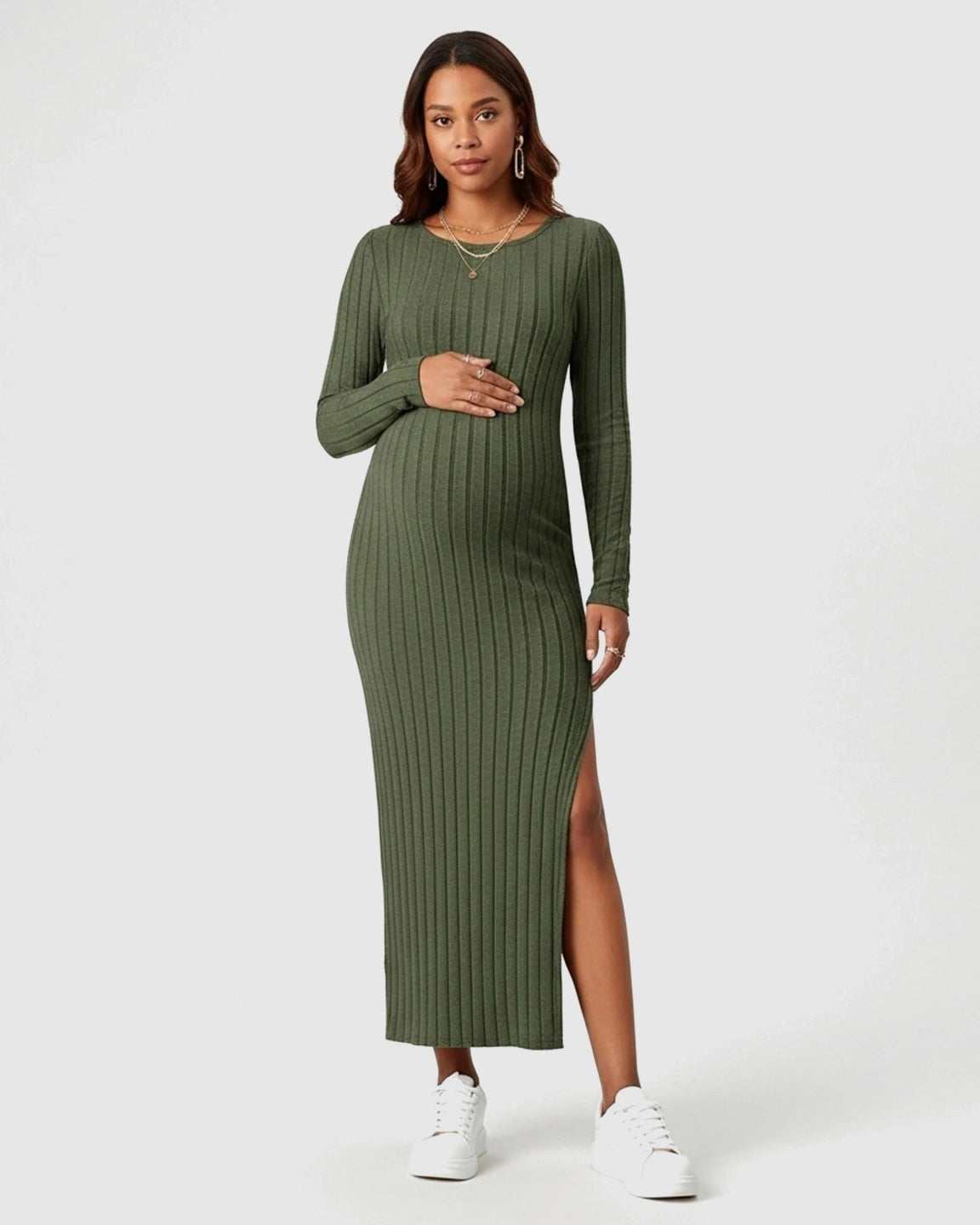 Ribbed Knit Maternity Maxi Dress with Side Slit