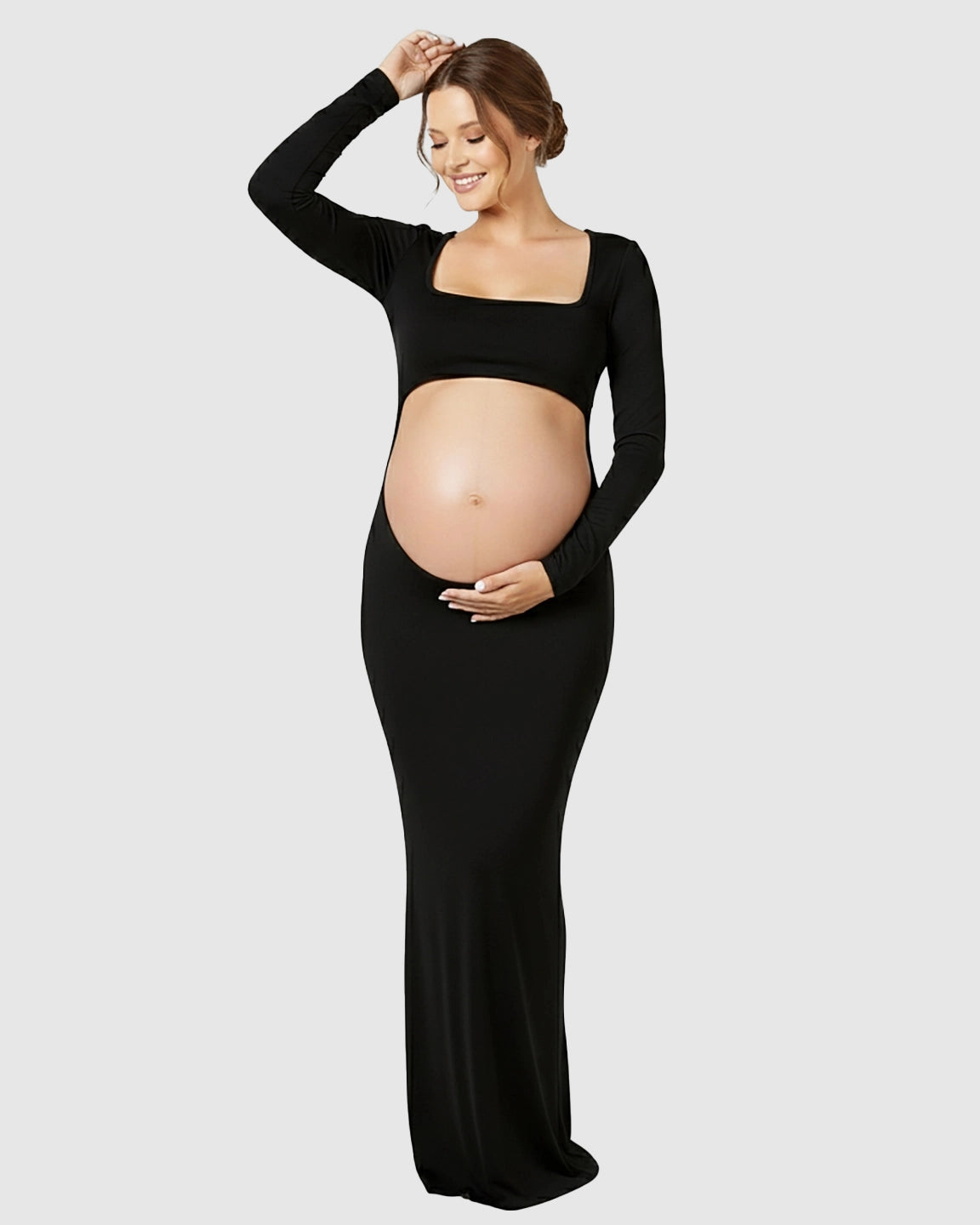 Belly-Cutout Bodycon Long Sleeve Maternity Maxi Dress
