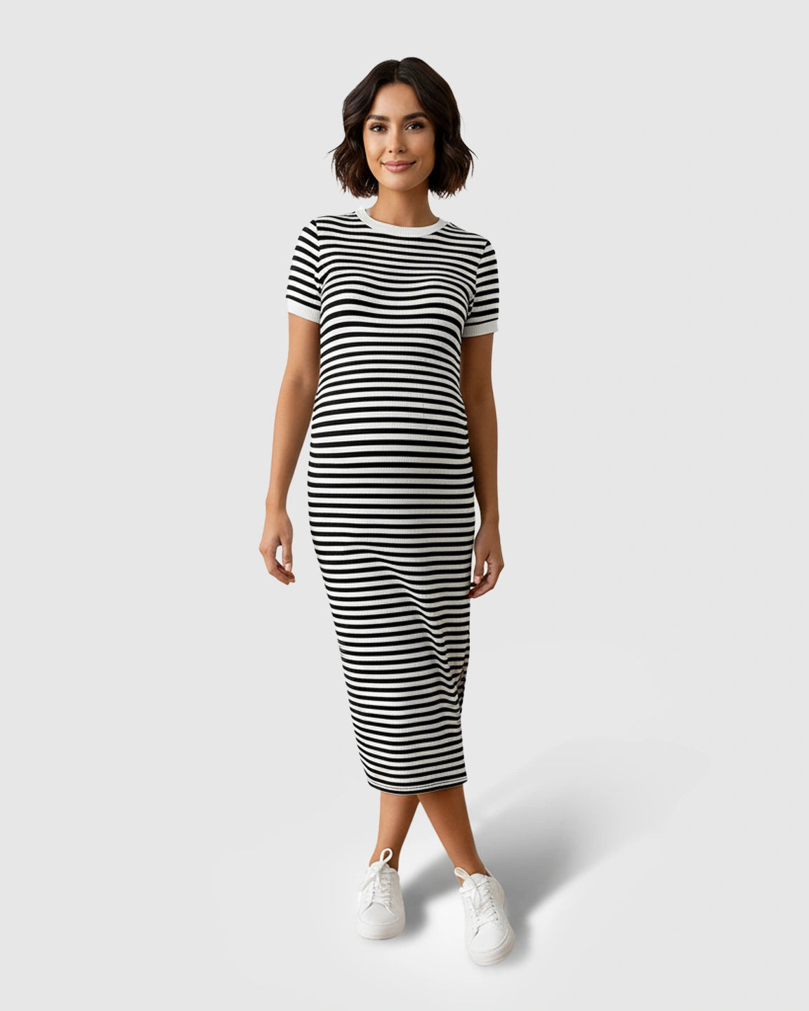 Striped Slim-Fit Maternity Midi Dress with Side Slit