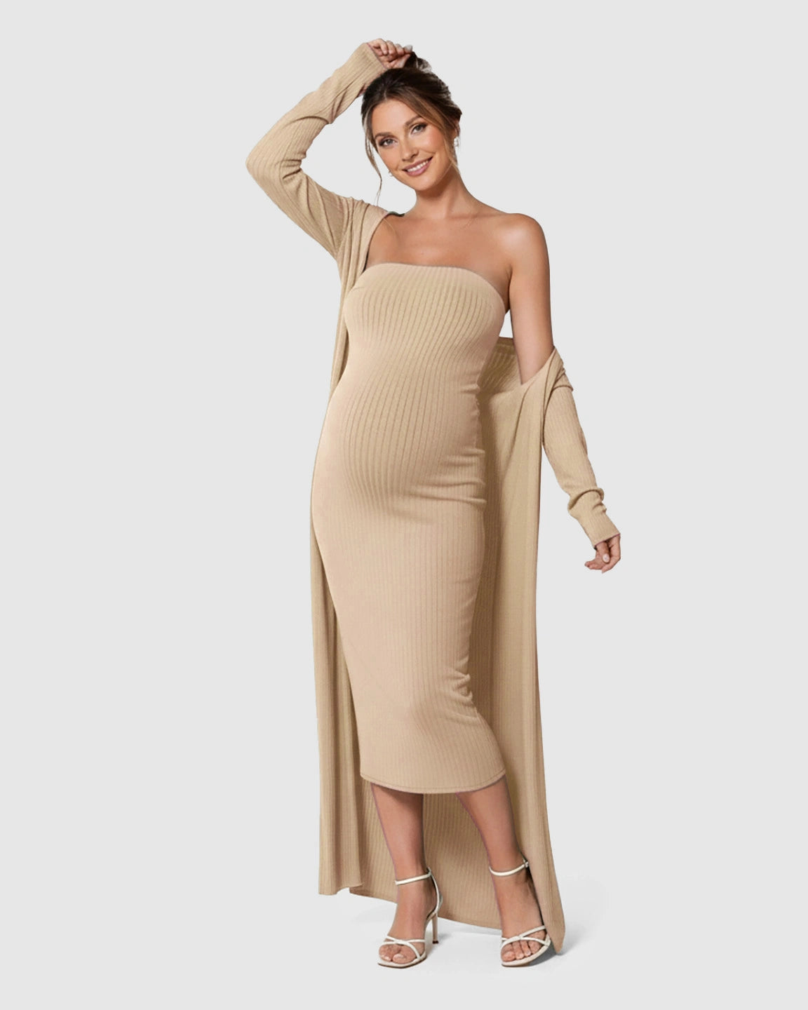 Elegant Ribbed Two-Piece Maternity Dress with Cardigan