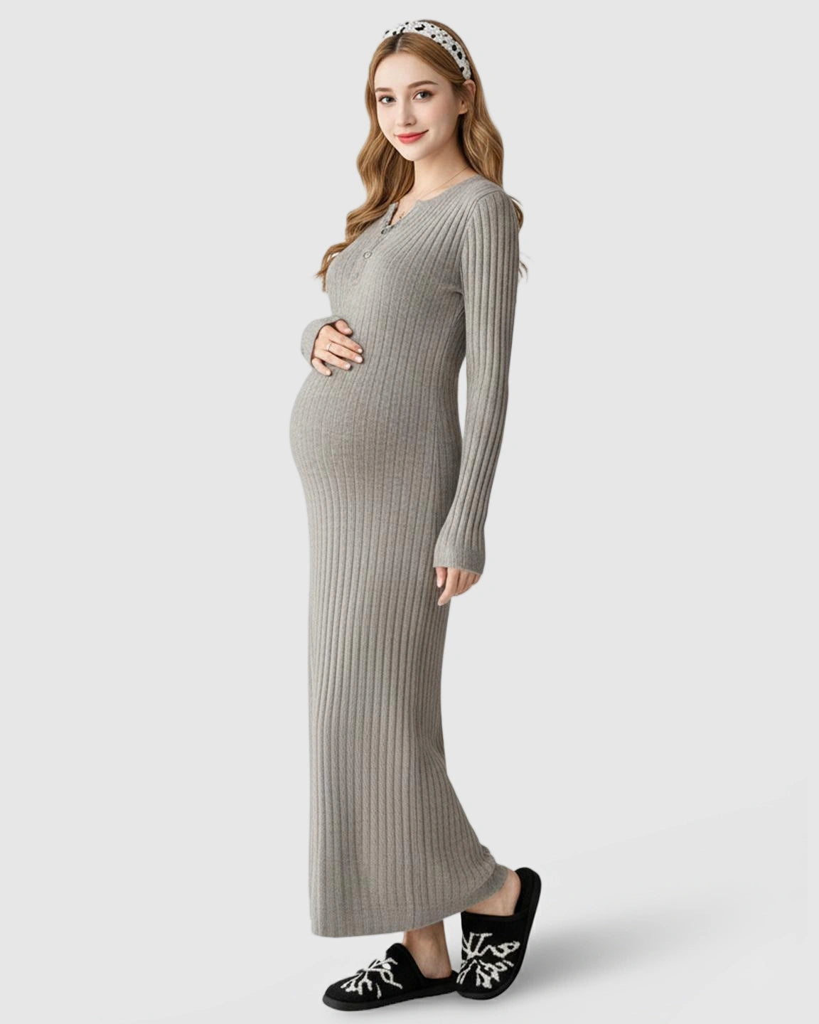 Ribbed Knit A-Line Long Sleeve Maternity Maxi Dress