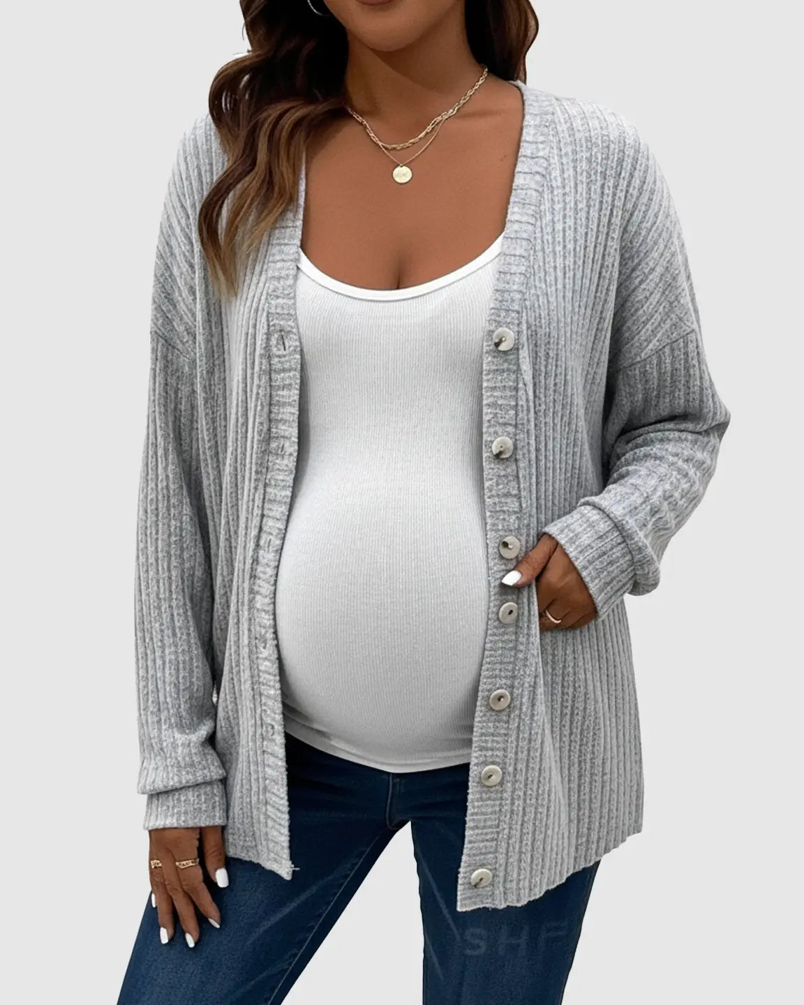 Ribbed Button-Front Drop Shoulder Maternity Top