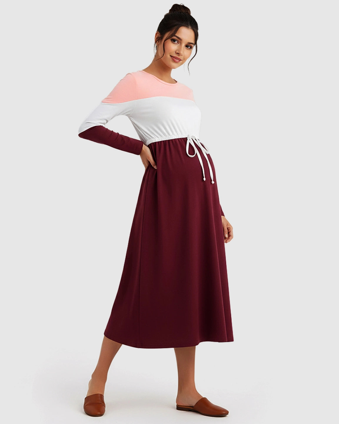 Color-Block Off-Shoulder Drawstring Waist Maternity Dress
