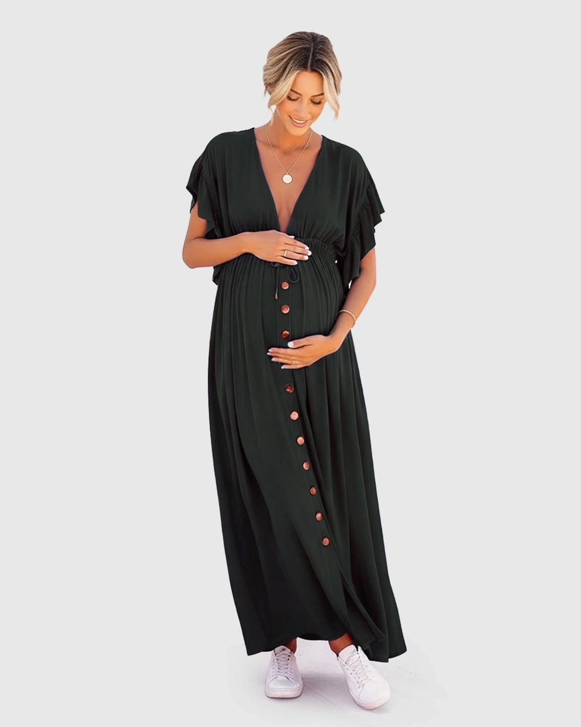 Button-Front Deep V Neck Maxi Beach Cover-Up Dress