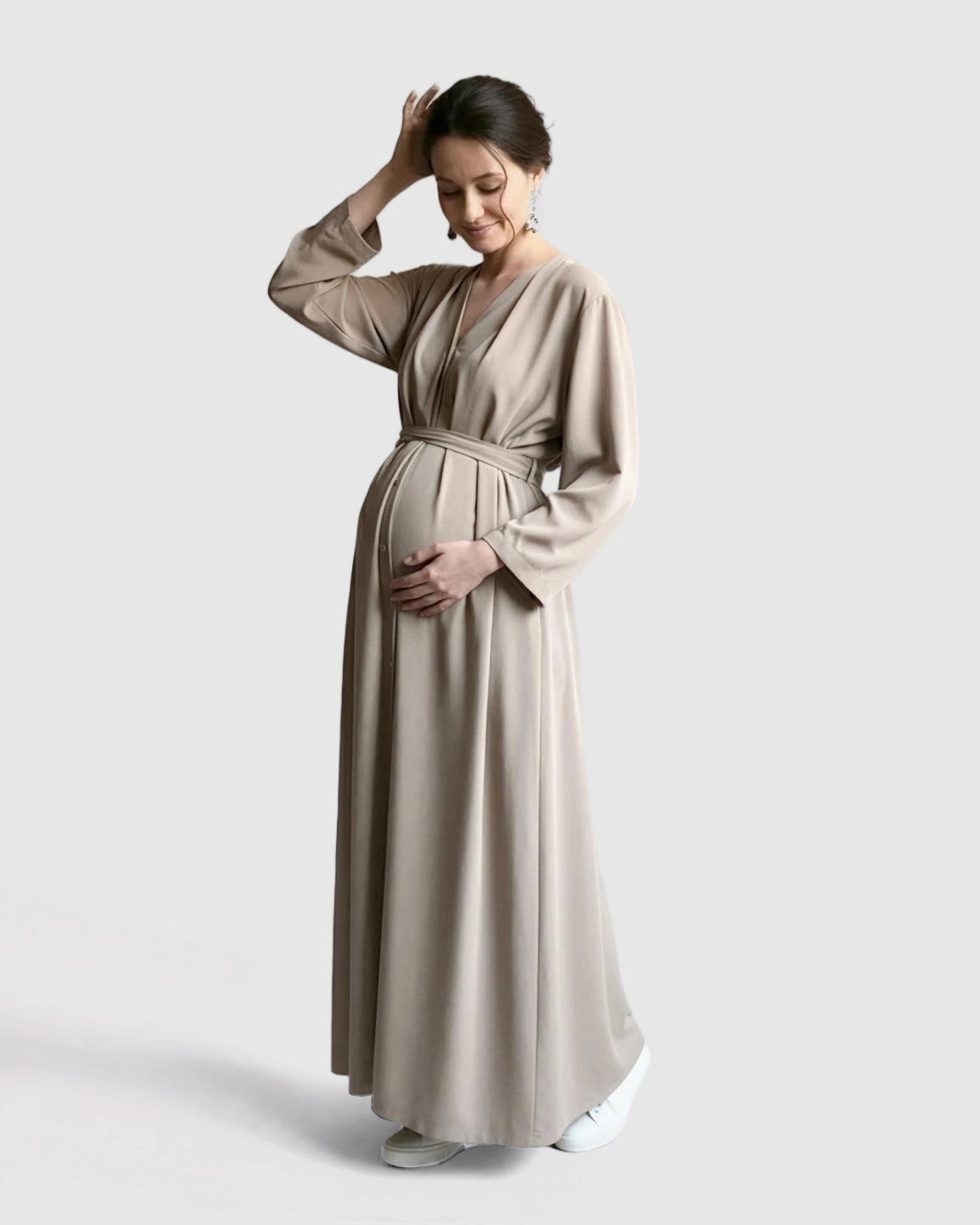 Long Sleeve V-Neck Maternity Maxi Dress with Adjustable Waist