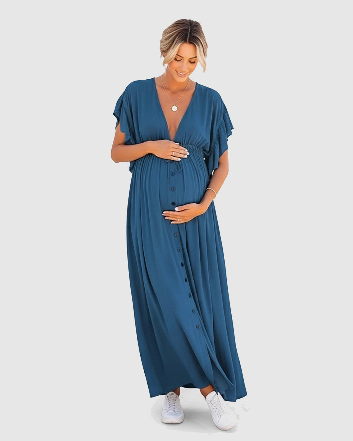 Button-Front Deep V Neck Maxi Beach Cover-Up Dress