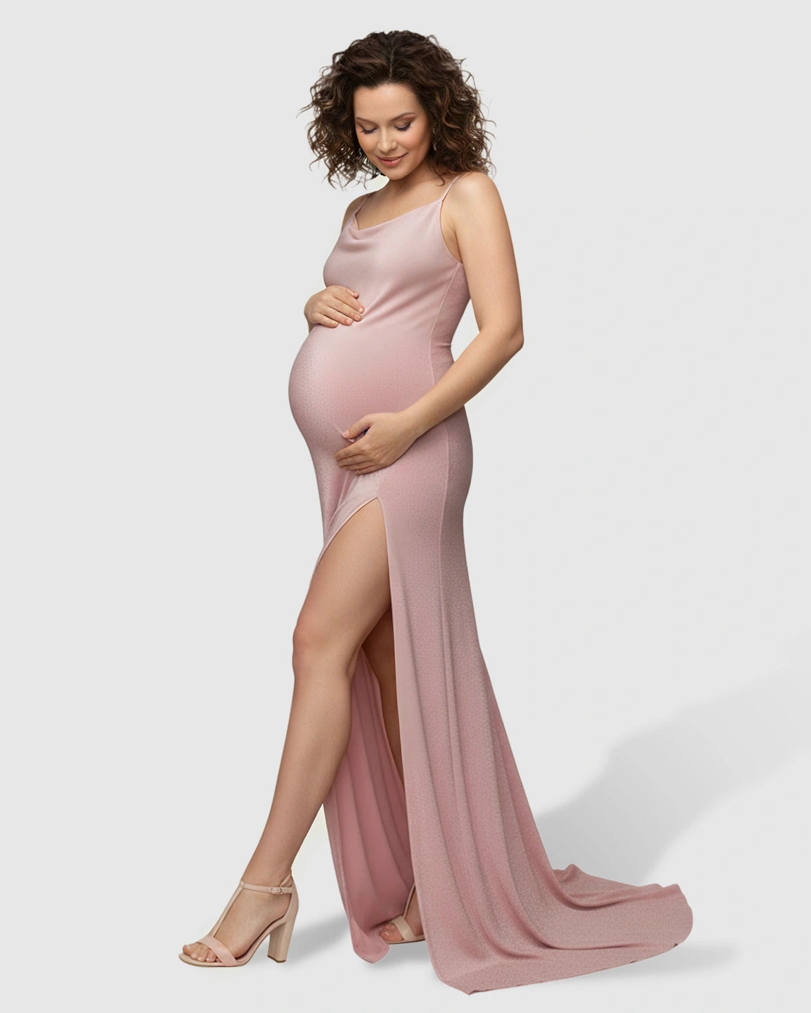 Slim-Fit Frosted-Texture Maternity Maxi Dress With High Side Slit