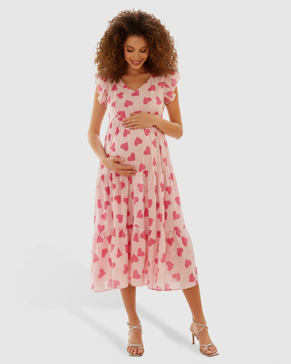 Tiered Skirt Heart Print Maternity Midi Dress