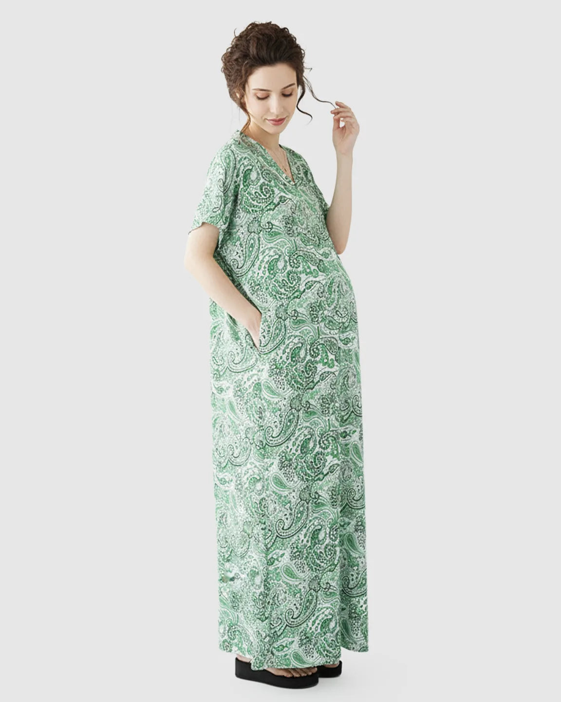 V-neck Ethnic Floral Print Maternity Maxi Dress