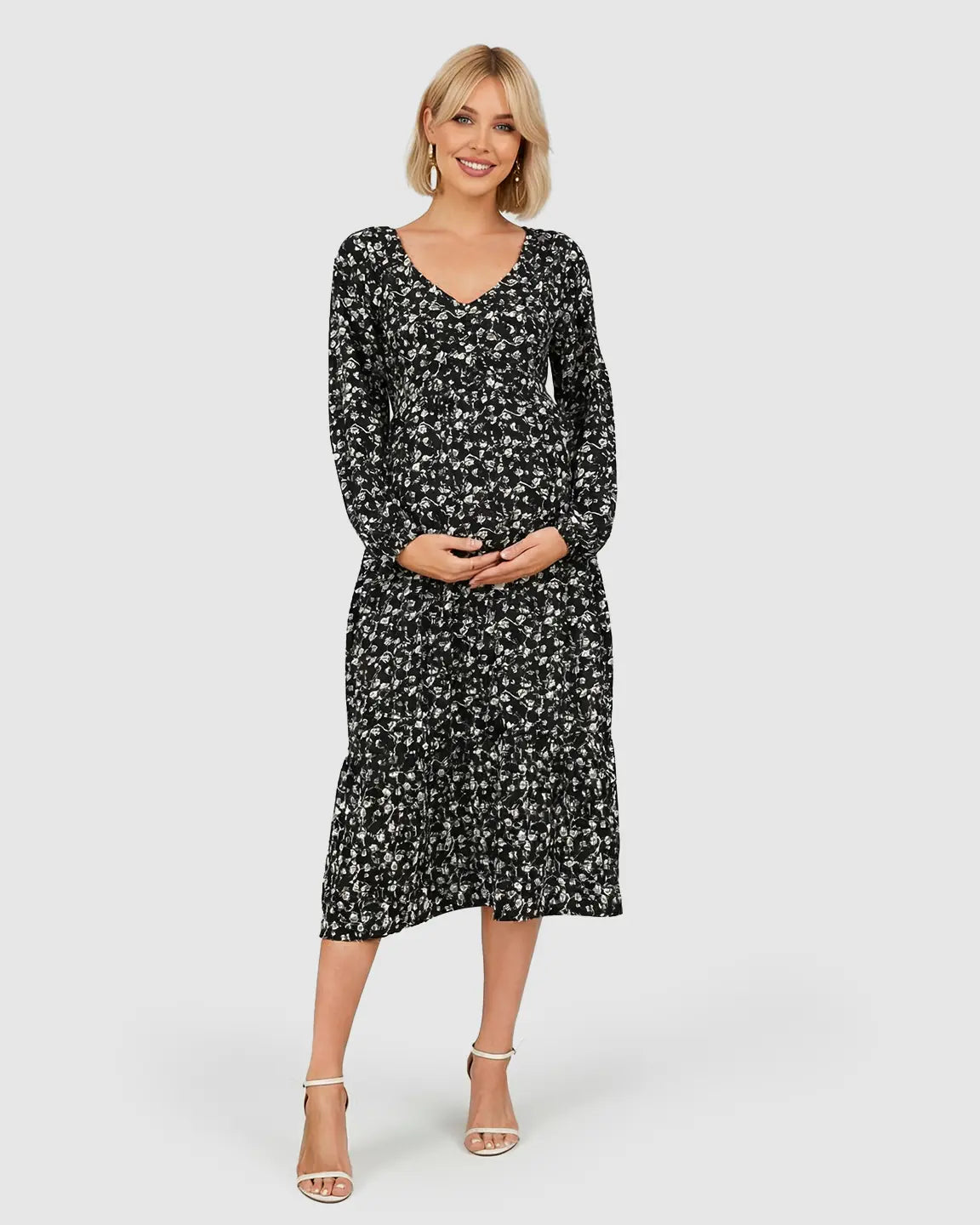Floral Balloon Sleeves Midi Maternity Dress