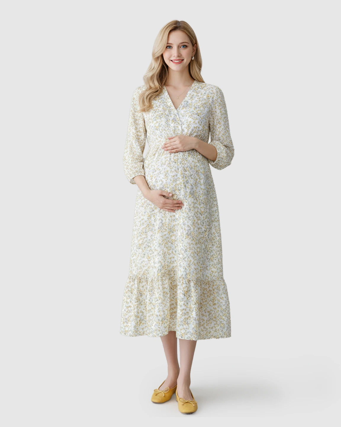 Floral Ruffle Hem Smocked Waist Maternity Midi Dress