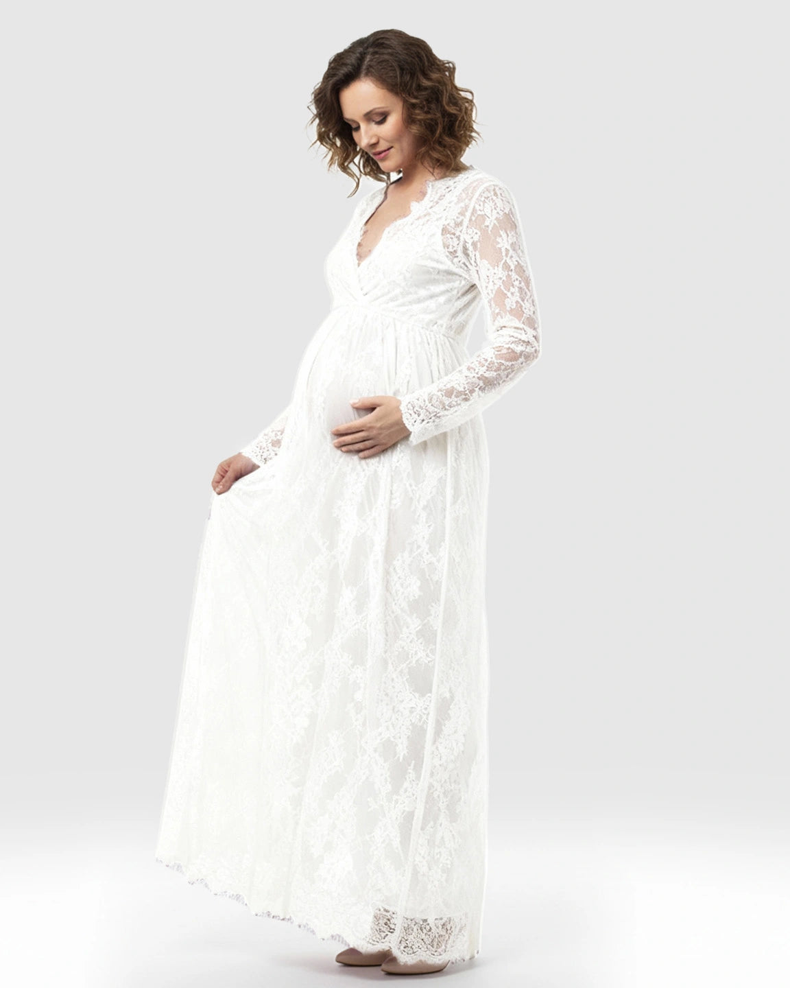 Sheer Floral Lace Empire Waist Maternity Maxi Dress