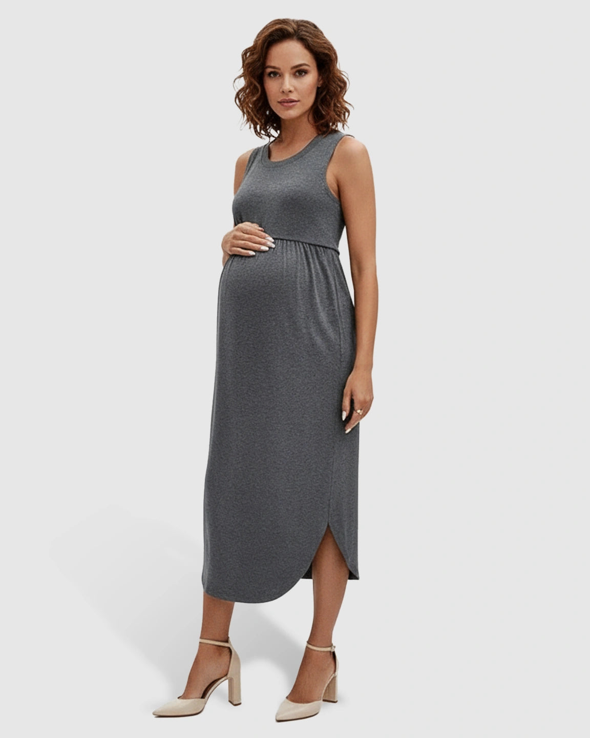Sleeveless Gathered-Waist Maternity Midi Dress