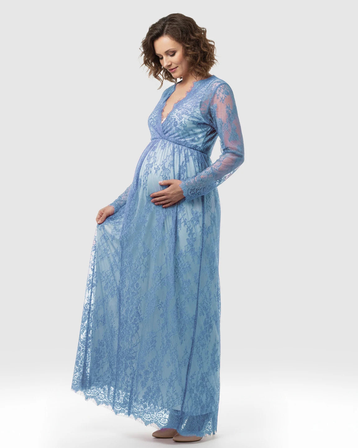 Sheer Floral Lace Empire Waist Maternity Maxi Dress