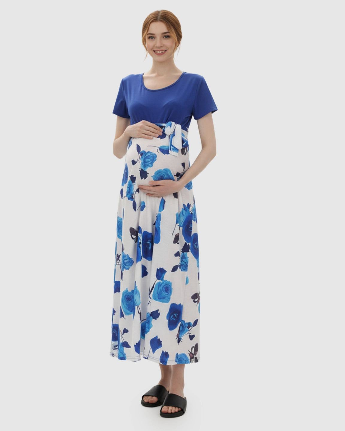 Belted Floral Loose Maternity Maxi Dress