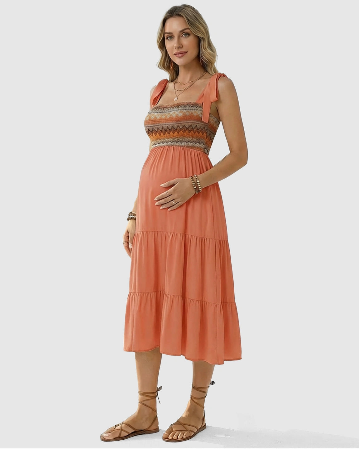Smocked Ethnic Bodice Tiered A-Line Maternity Sundress