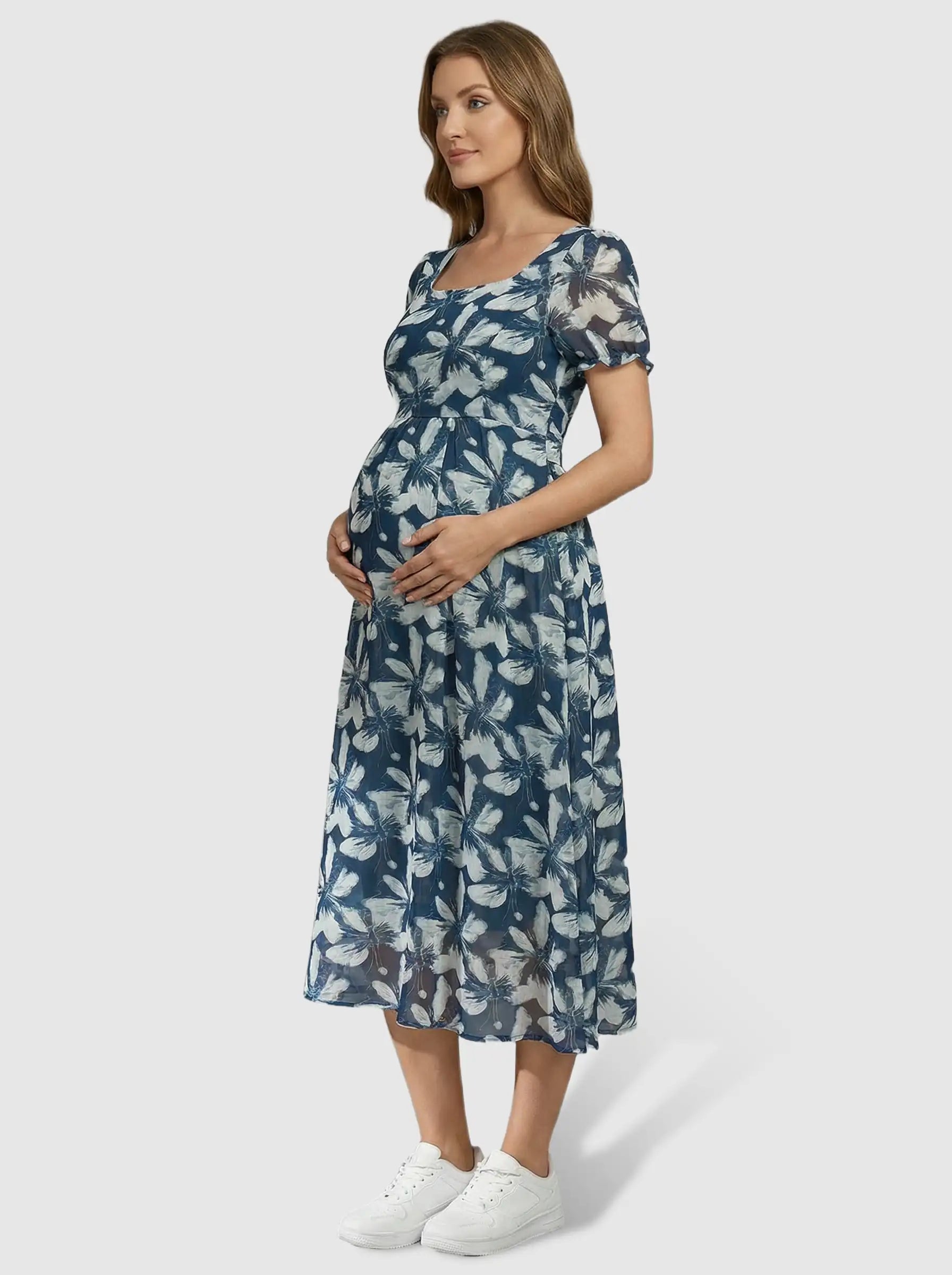 Square Neckline Floral Mid-Waist Cut Maternity Midi Dress