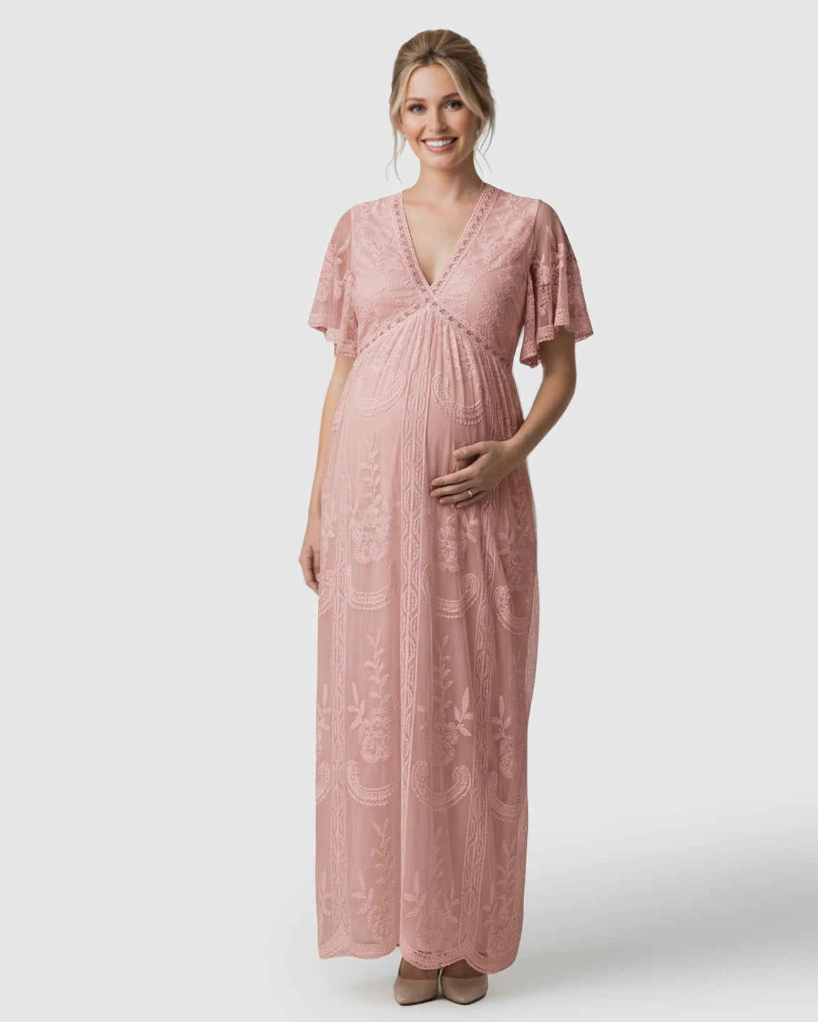 Sheer-Lace Romantic Maternity Maxi Dress