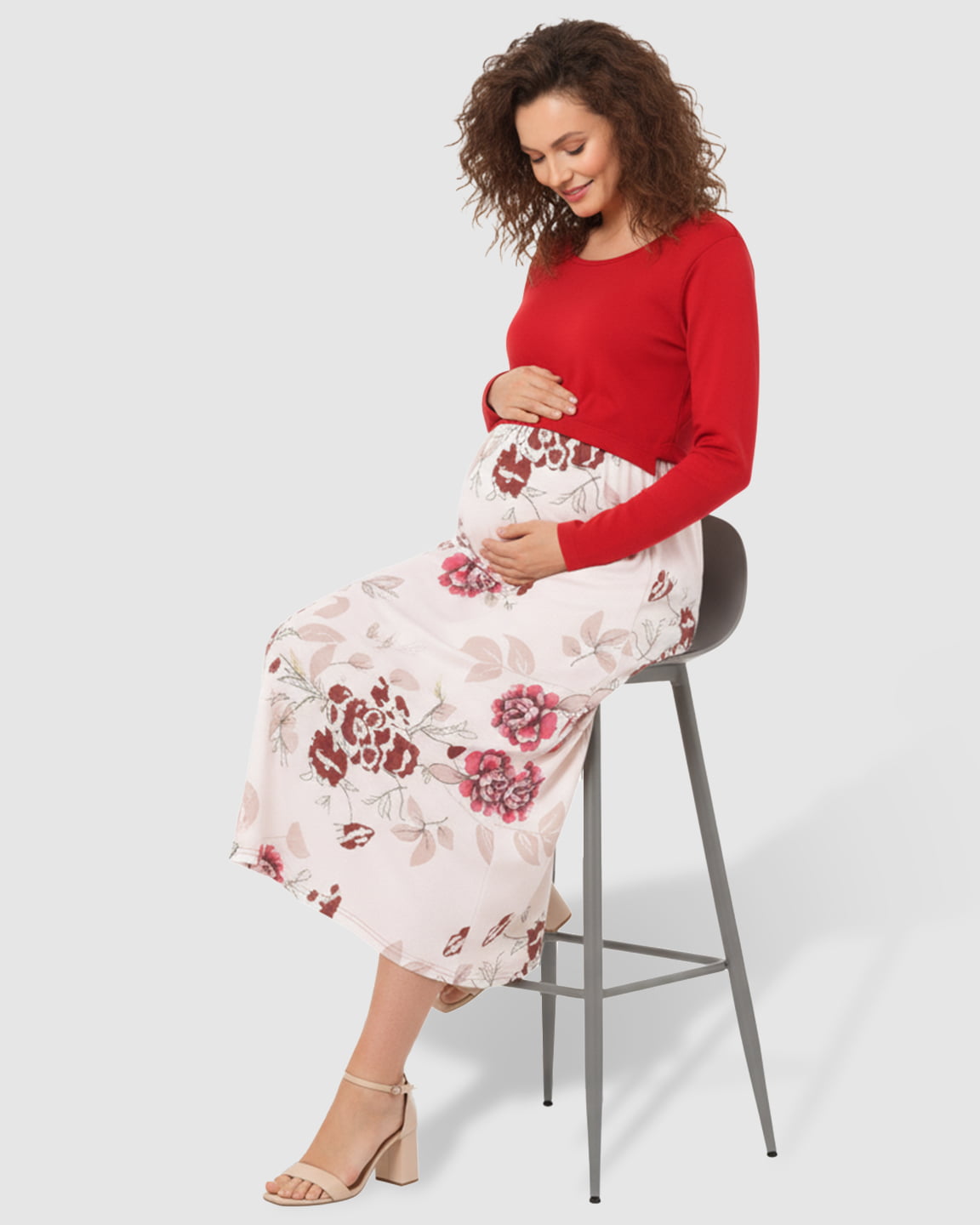 Red Floral Nursing & Maternity Midi Dress