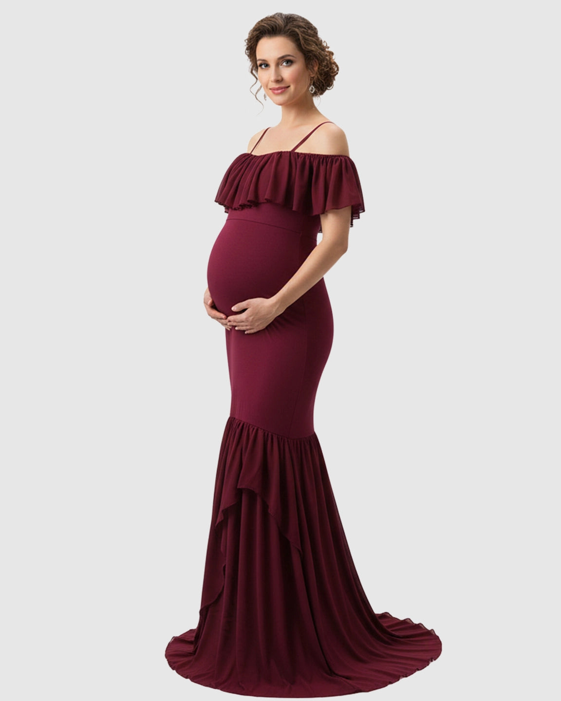 Ruffled Off-Shoulder Mermaid Train Maternity Photoshoot Dress