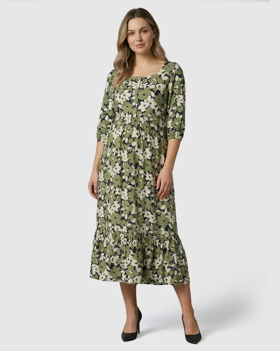 Button-Front Square Neck Maternity Midi Dress