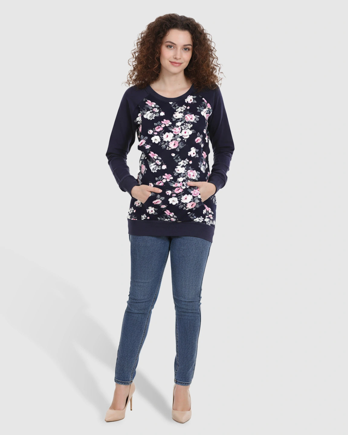Crew Neck Floral Print Loose Fit Nursing Sweatshirt