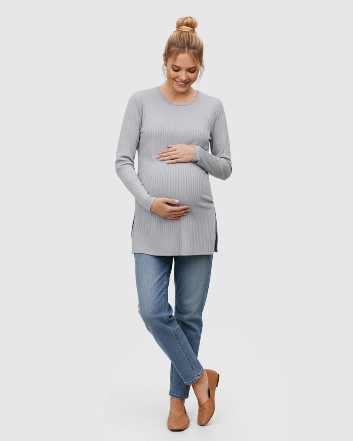 Ribbed Knit Long Sleeve Maternity Top with Side Slits