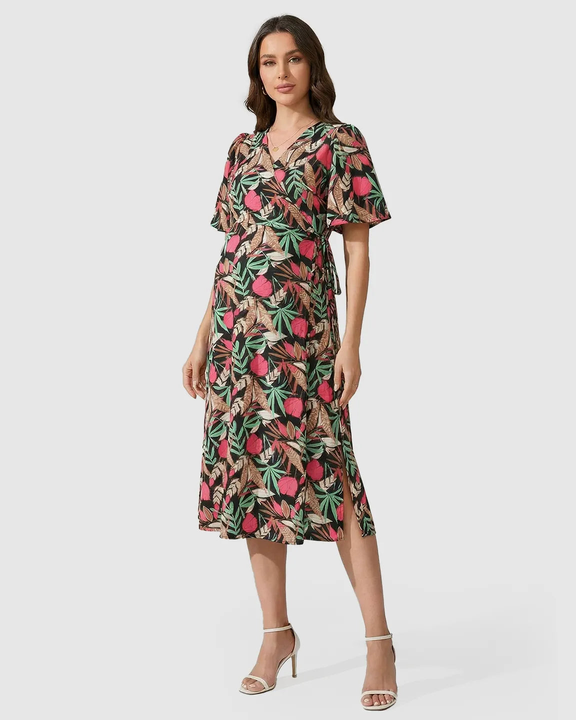 Tropical Print Tie-Waist Flowy Maternity Midi Dress