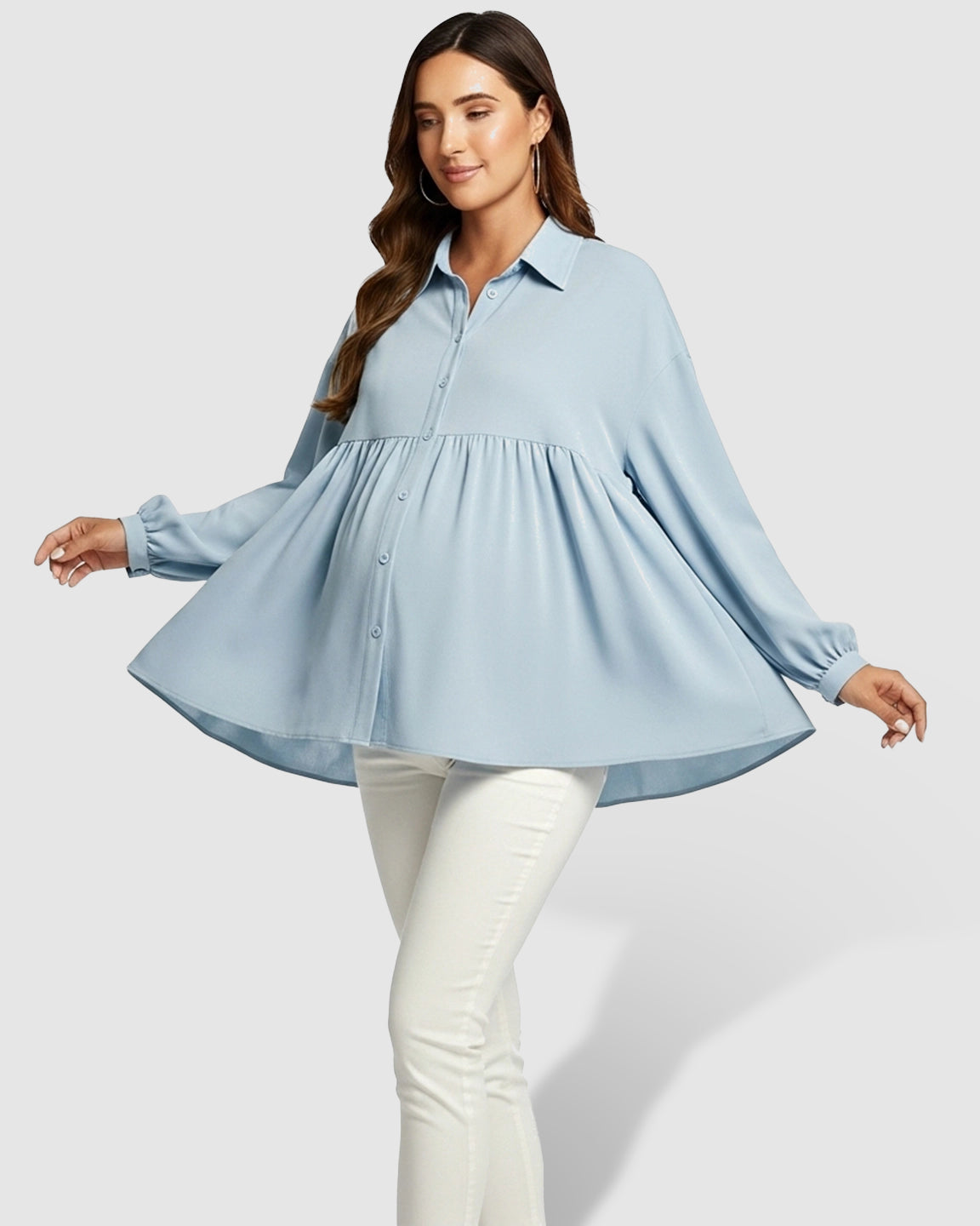 Lapel Long Sleeve Maternity Shirt