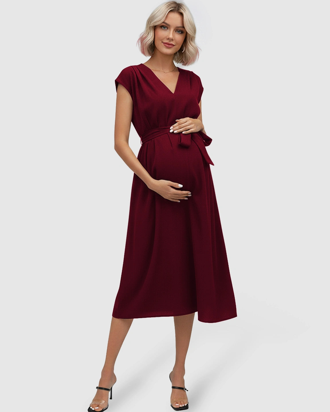 Tie-Waist V-Neck Maternity Midi Dress