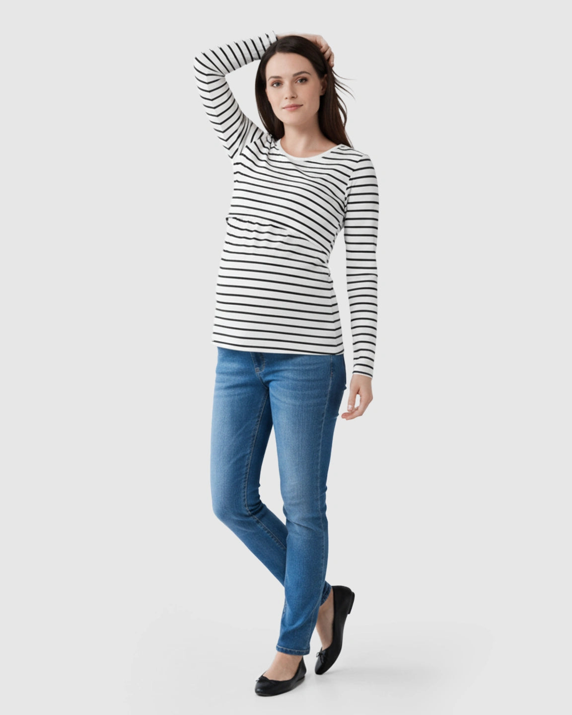 Round Neck Striped Print Maternity & Nursing Top