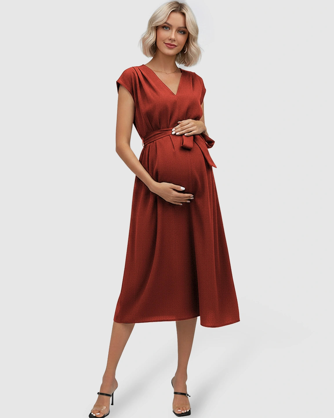 Tie-Waist V-Neck Maternity Midi Dress