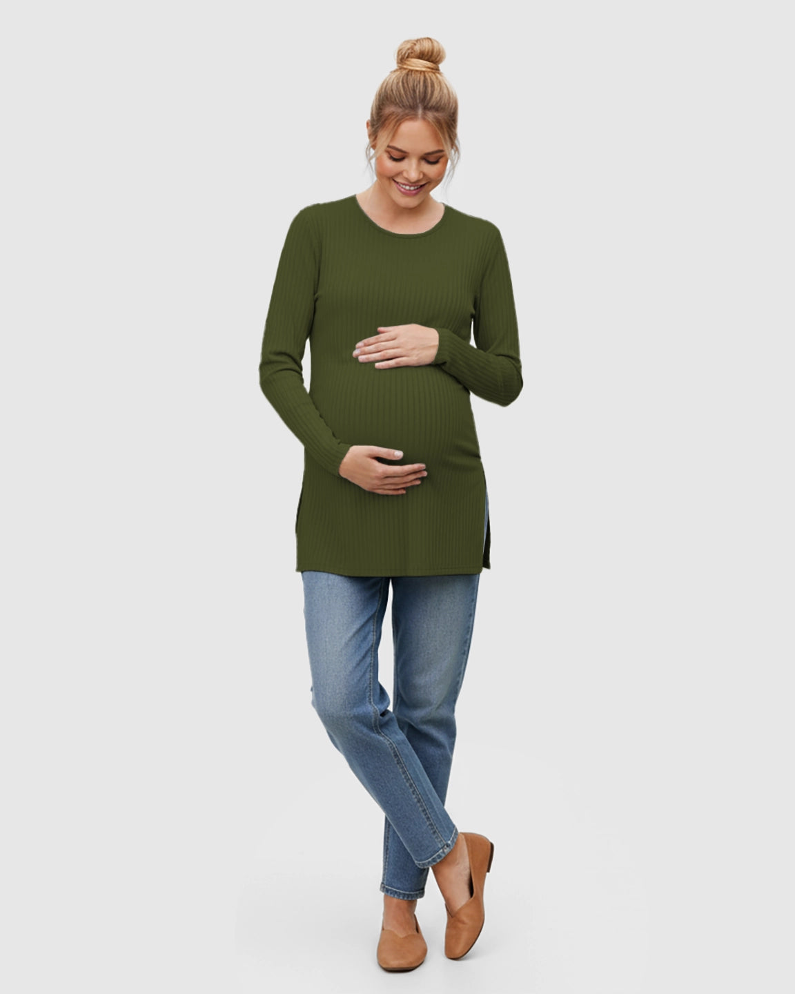 Ribbed Knit Long Sleeve Maternity Top with Side Slits