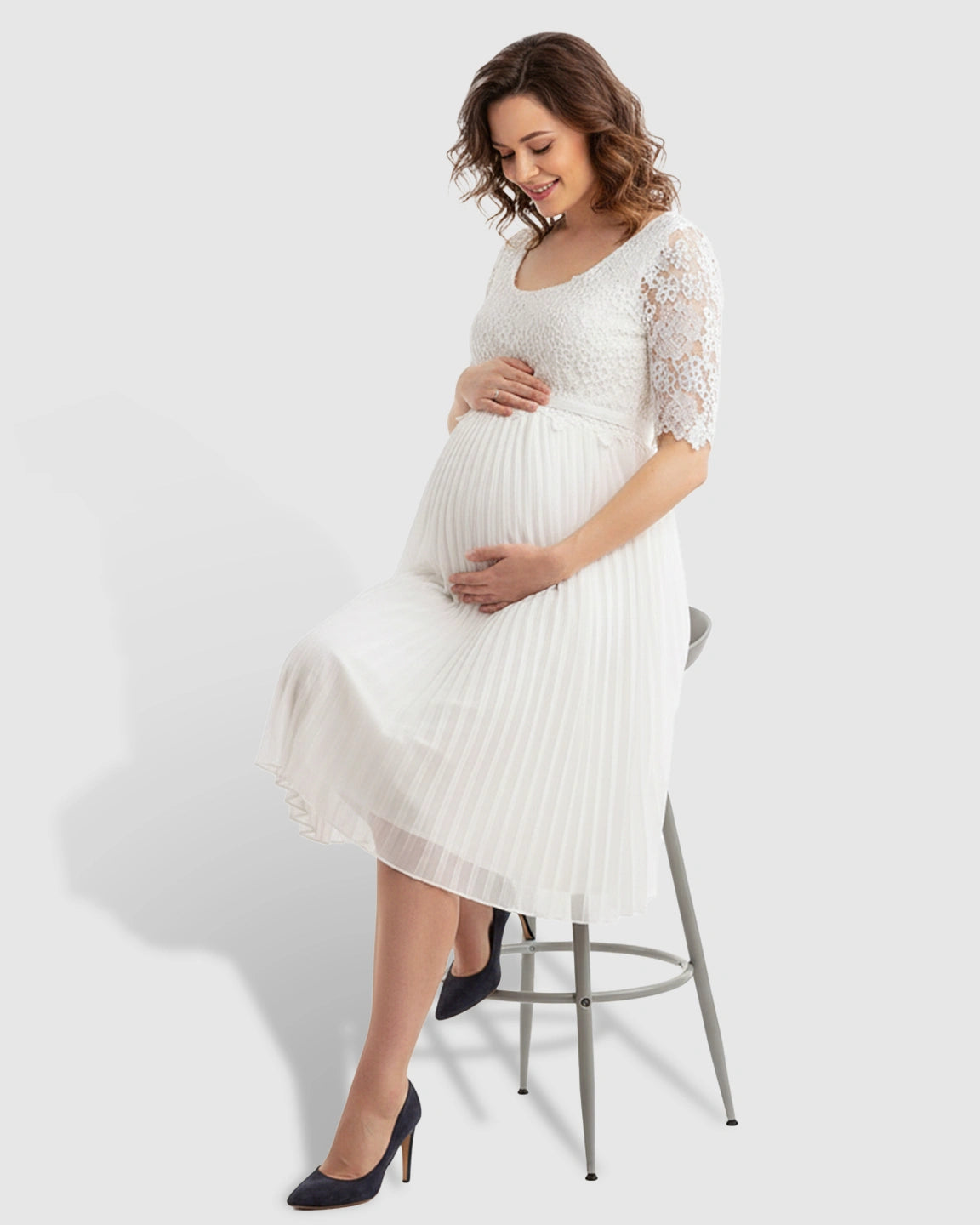 Lace Bodice Pleated Maternity Midi Dress