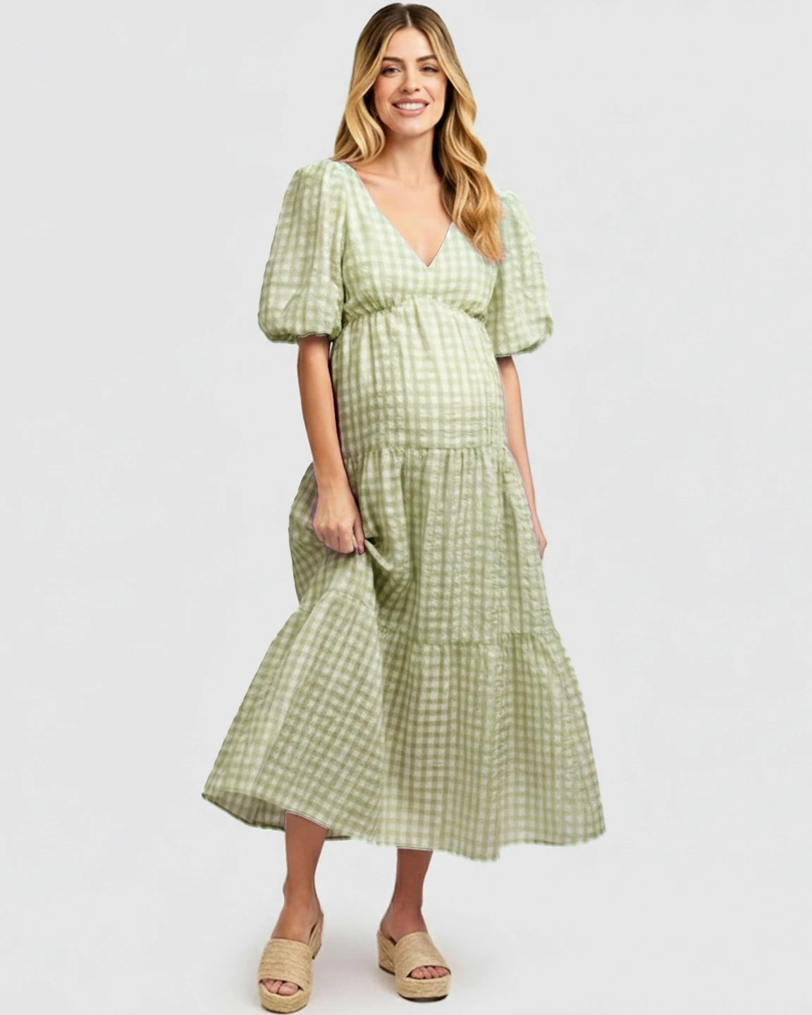 Puffed Sleeves Checkered Maternity Maxi Dress