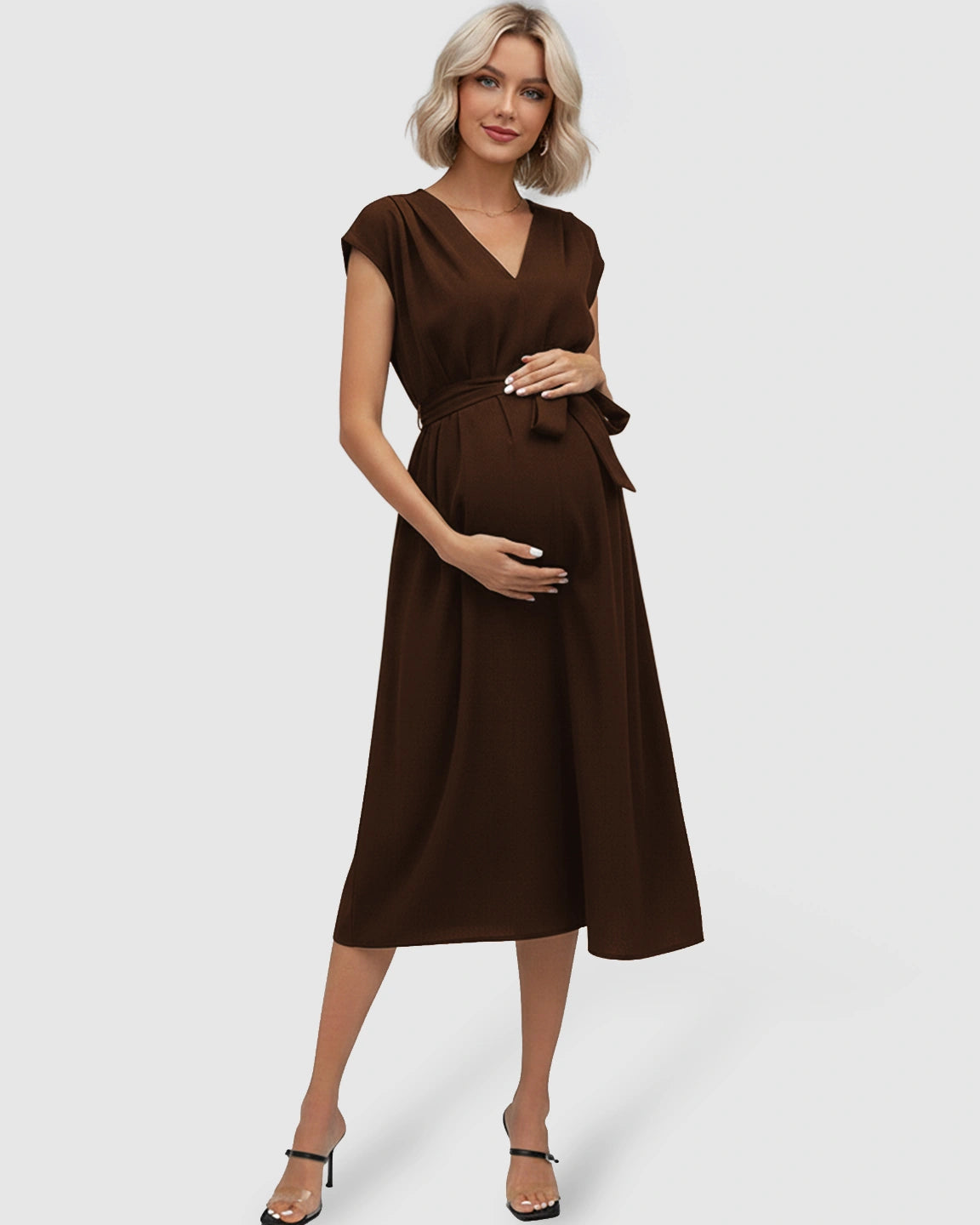 Tie-Waist V-Neck Maternity Midi Dress