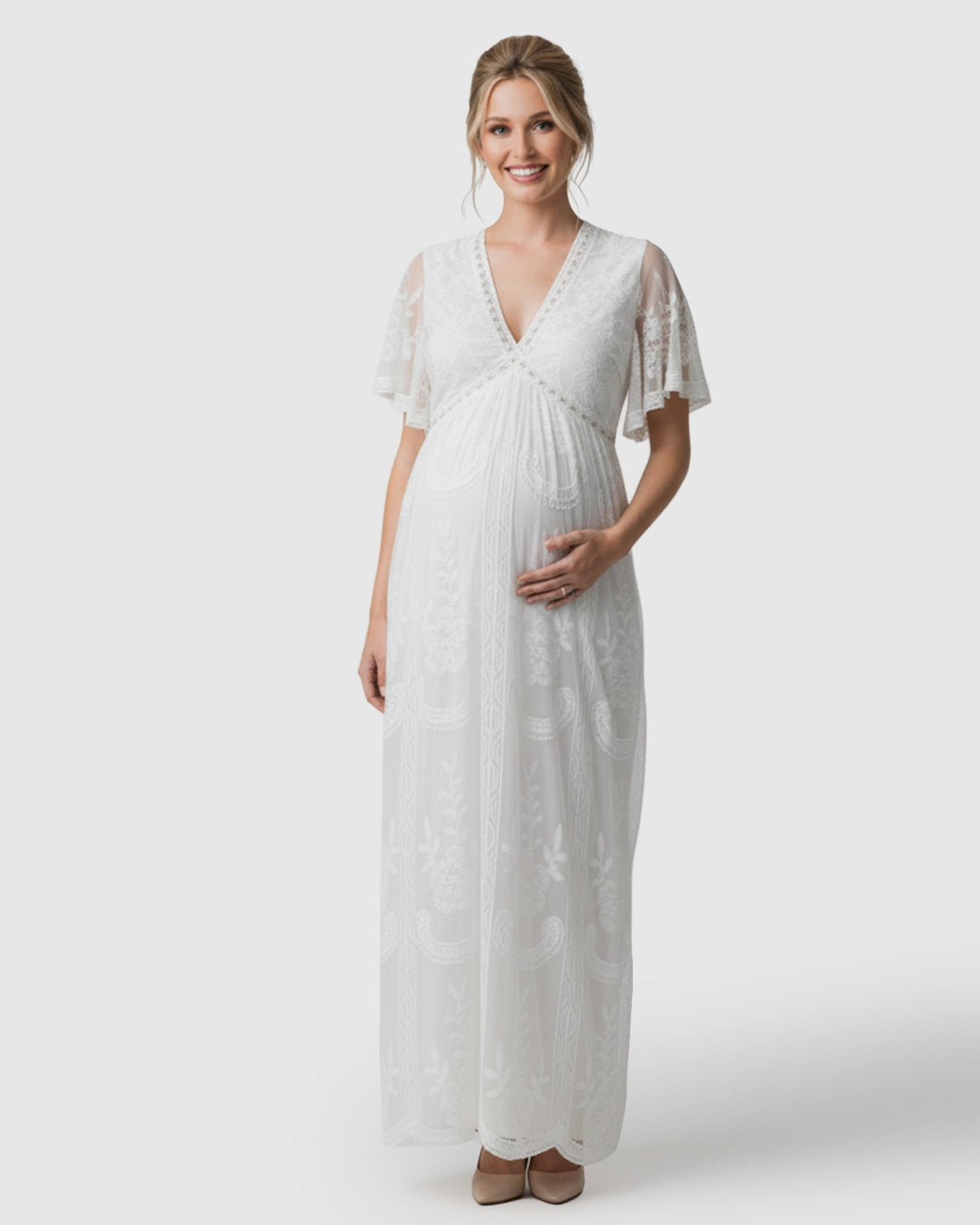 Sheer-Lace Romantic Maternity Maxi Dress