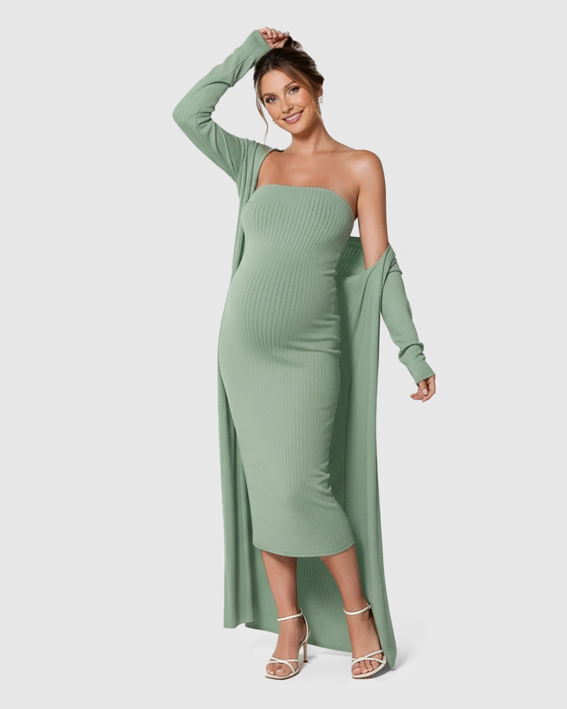 Elegant Ribbed Two-Piece Maternity Dress with Cardigan