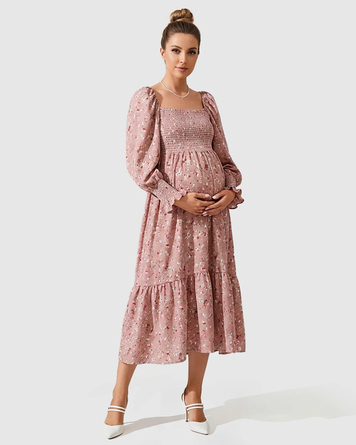 Smocked Bodice Feminine Maternity Midi Dress