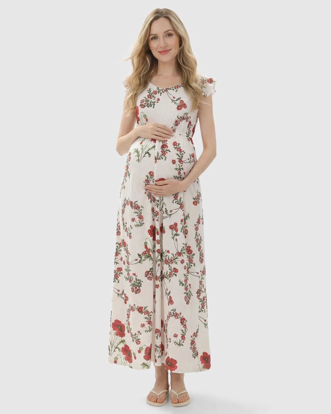 Ruffle Shoulder Floral Maternity Maxi Dress