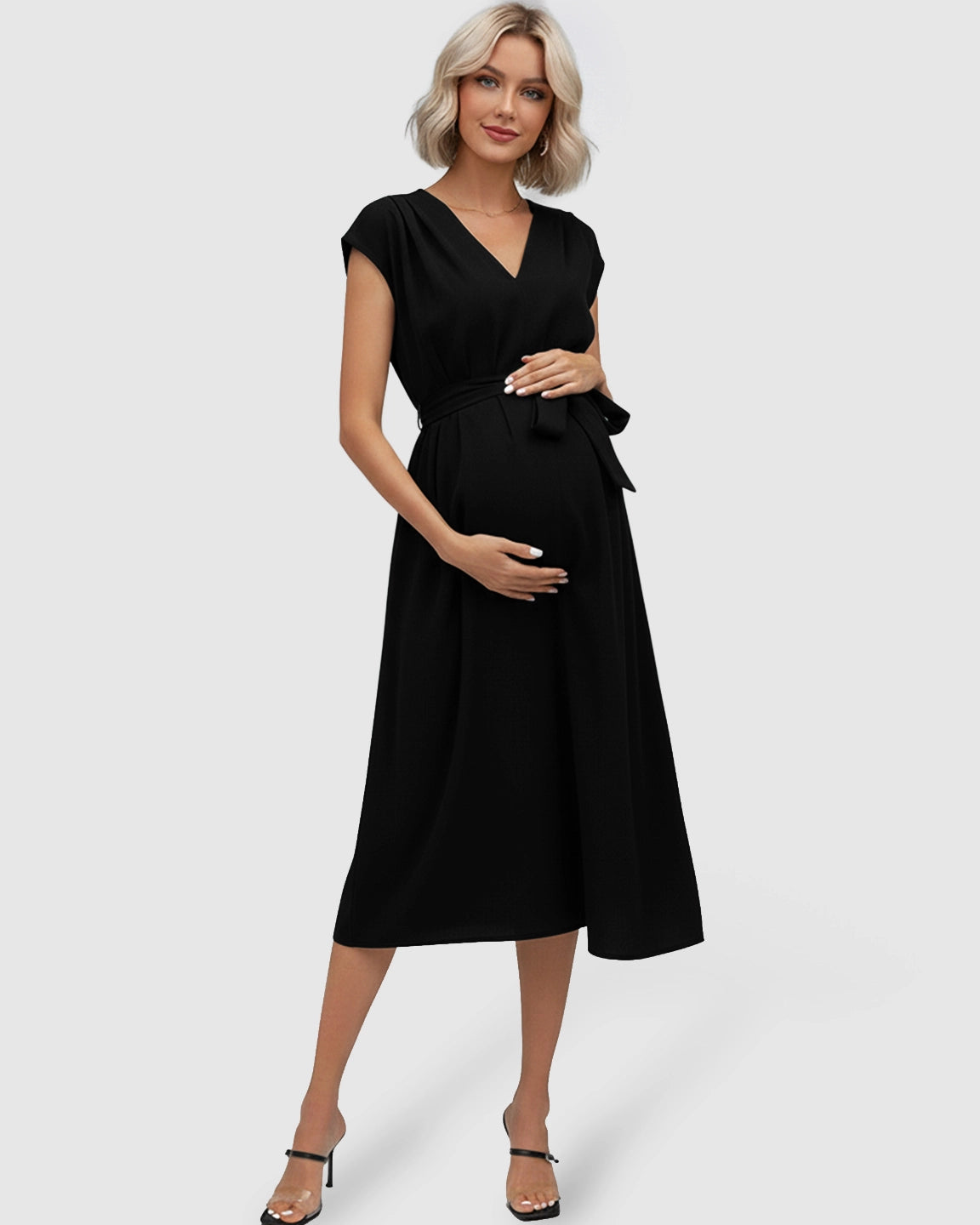 Tie-Waist V-Neck Maternity Midi Dress