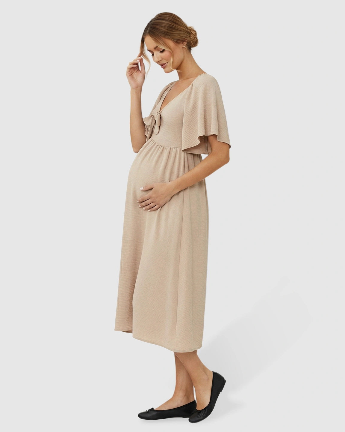 Tie-Knot Front Swing Silhouette Maternity Midi Dress